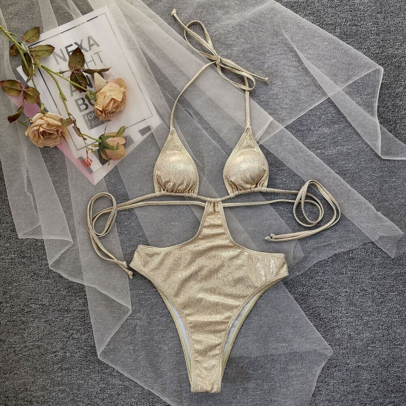 Sexy One-Piece Gold Fashion Halter Hollow Out