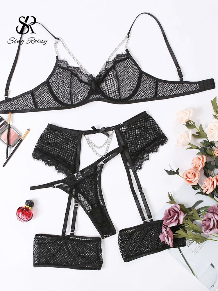 SINGREINY 2023 Women Sexy Bra 2 Pieces Sets Fashion Transparent Bra & Brief Suits Ladies Chain Slim Leopard Print Underwear - Sabreeonline