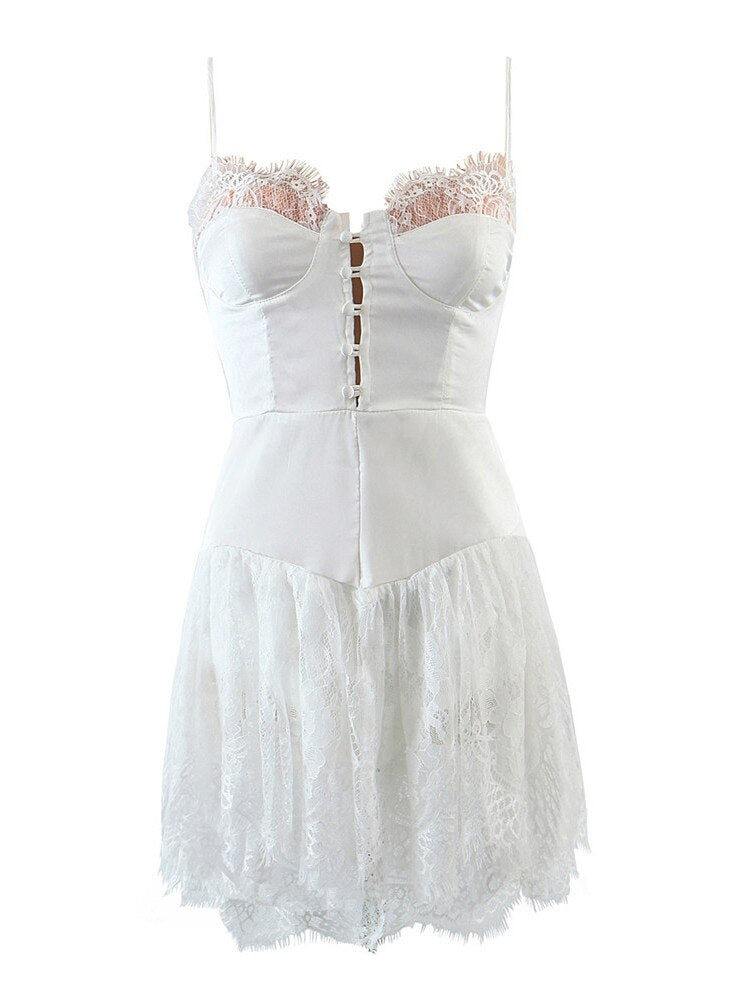 Sexy Solid Satin Stitching Lace Bra Corset Mini Dres