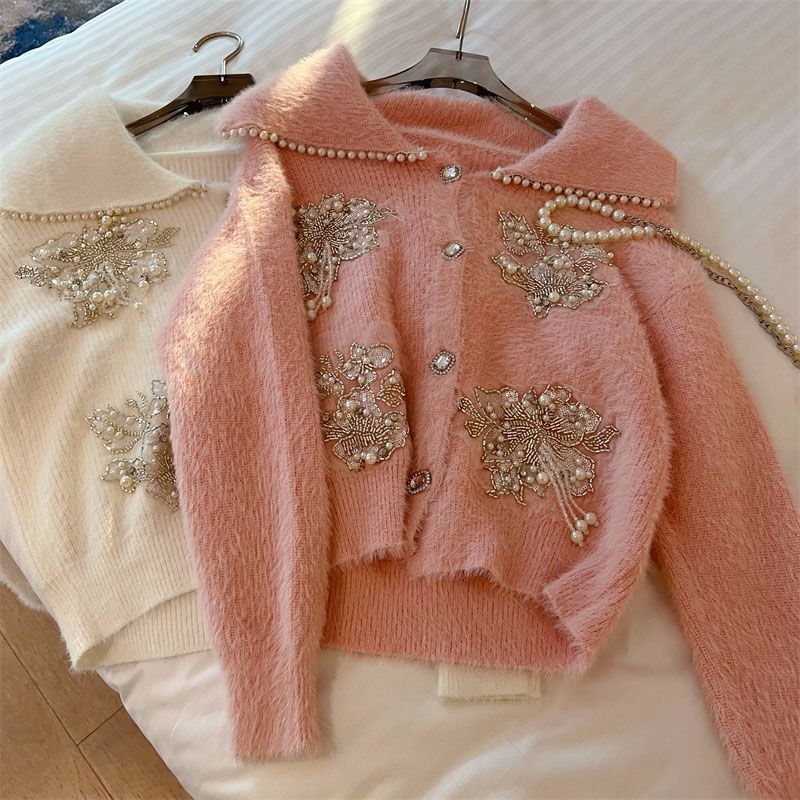 Loose Sweater Sequins Beaded Mink Fleece - Sabreeonline