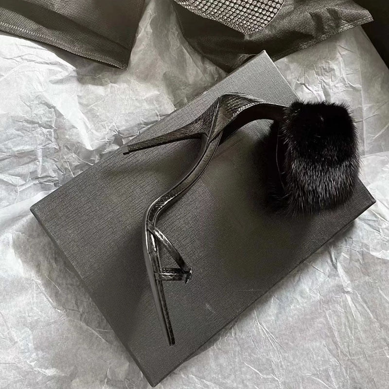 Sexy Nightclub Black Mink Fur Pointed Women Shoes - Sabreeonline