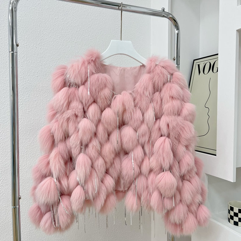Natural Fox Fur Coat With Tassels Fashion winter Warm fur coat women CoatsReal Fox Fur jackets fur coatThick abrigos Jackets - Sabreeonline