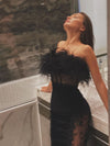 Sexy Off Shoulder Feather Bodycon Lace Bandage Dress Black Strapless Designer Mini Dress Fashion Elegant Celebrity Evening Party