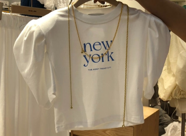 Neploe Korean 2023 Summer O-Neck Short Tops Letter Print Shoulder Pad Puff Sleeve T-Shirt Femme Chic Simple Casual Sweet Tees