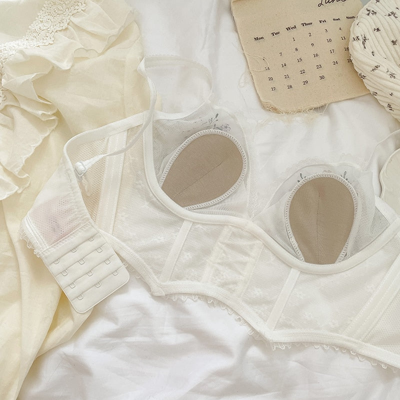 Sexy lace mesh lingerie summer thin section big breasts show small no steel ring underwear set to receive breast bra - Sabreeonline