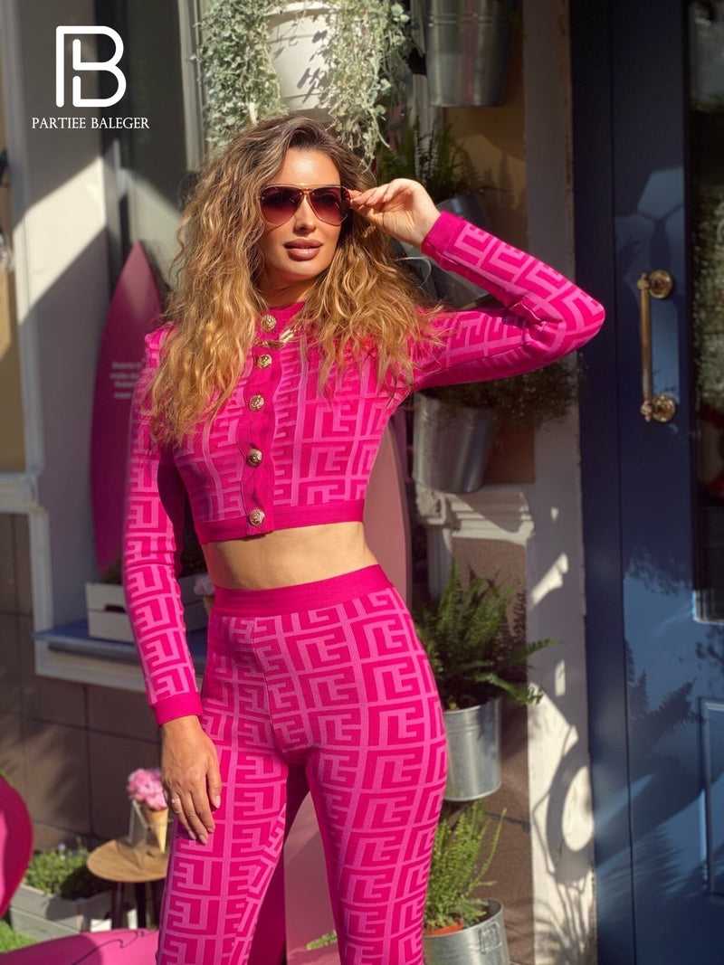 PB Two Pieces Set Women Geometric Jacquard Button Long Sleeve Crop Top Embellished Celebrity Party Bandage Two Pieces Pants Sets