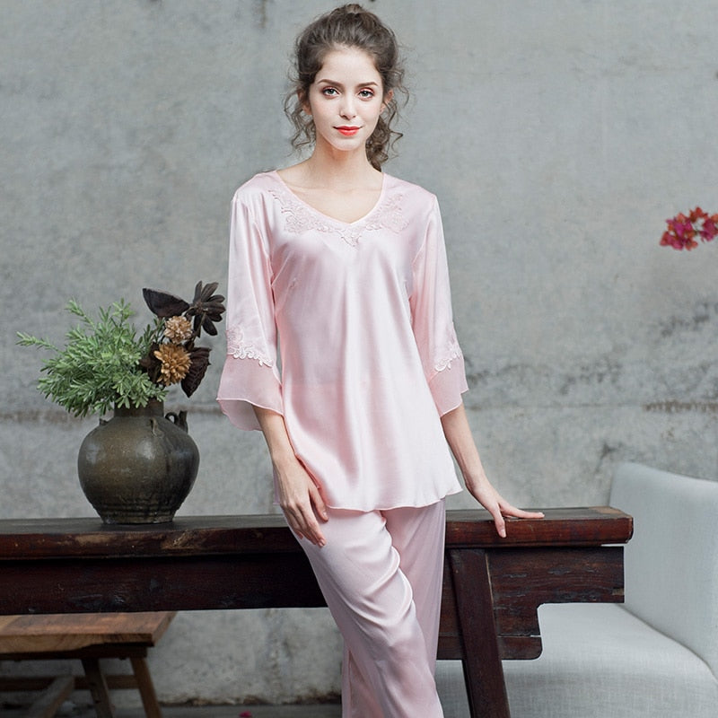 pijamas women Female pantsuit women Ice Silk Suit Long Sleeve silk pajamas Thin Bud Silk Sleeping Home Suit sleepwear - Sabreeonline