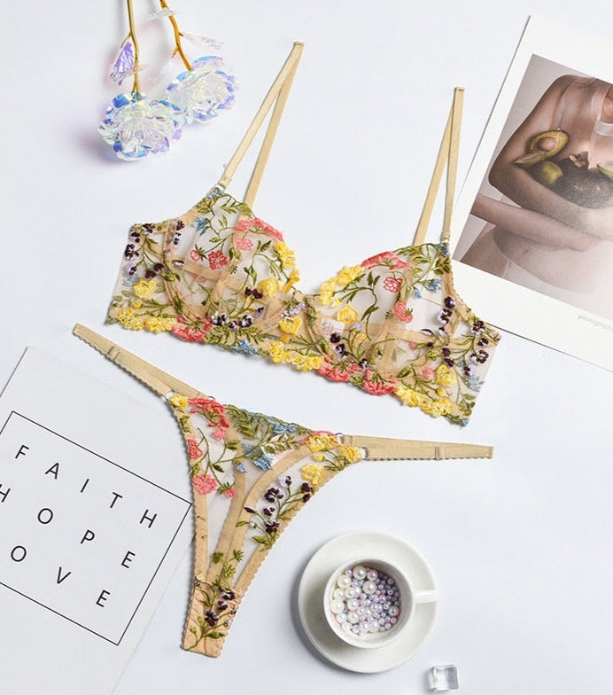 Ellolace Erotic Lingerie Fairly Lace Transparent Underwear Set Girl Floral Embroidery Sexy Fancy Clear Bra Set Women 2 Piece - Sabreeonline