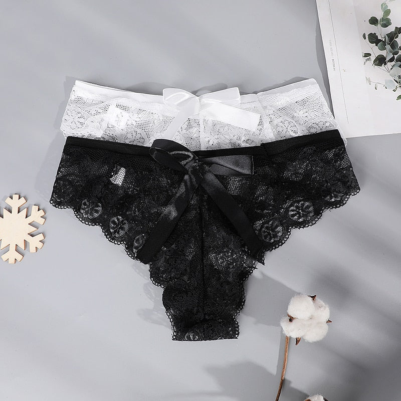 Women Sexy Thong Panties  Female Lace Transparent Hollow Bow Underwear G String Underpanties S-3xl Plus Size - Sabreeonline