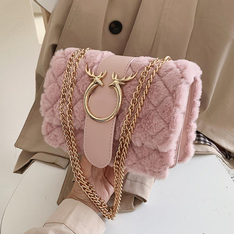 Soft Women Lock Chain Plush Shoulder Messenger Bag - Sabreeonline