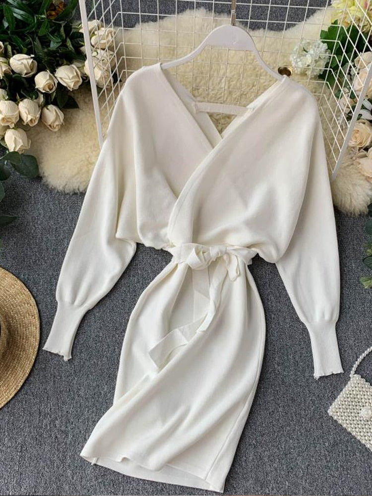 Sweater Dress Batwing Sleeve V Neck Elegant Dress Ladies Bandage Dress - Sabreeonline