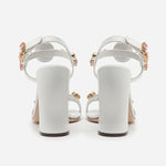 White Gemstone Chunky Heel Sandals - Sabreeonline