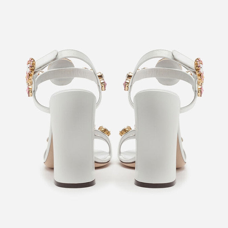 White Gemstone Chunky Heel Sandals - Sabreeonline