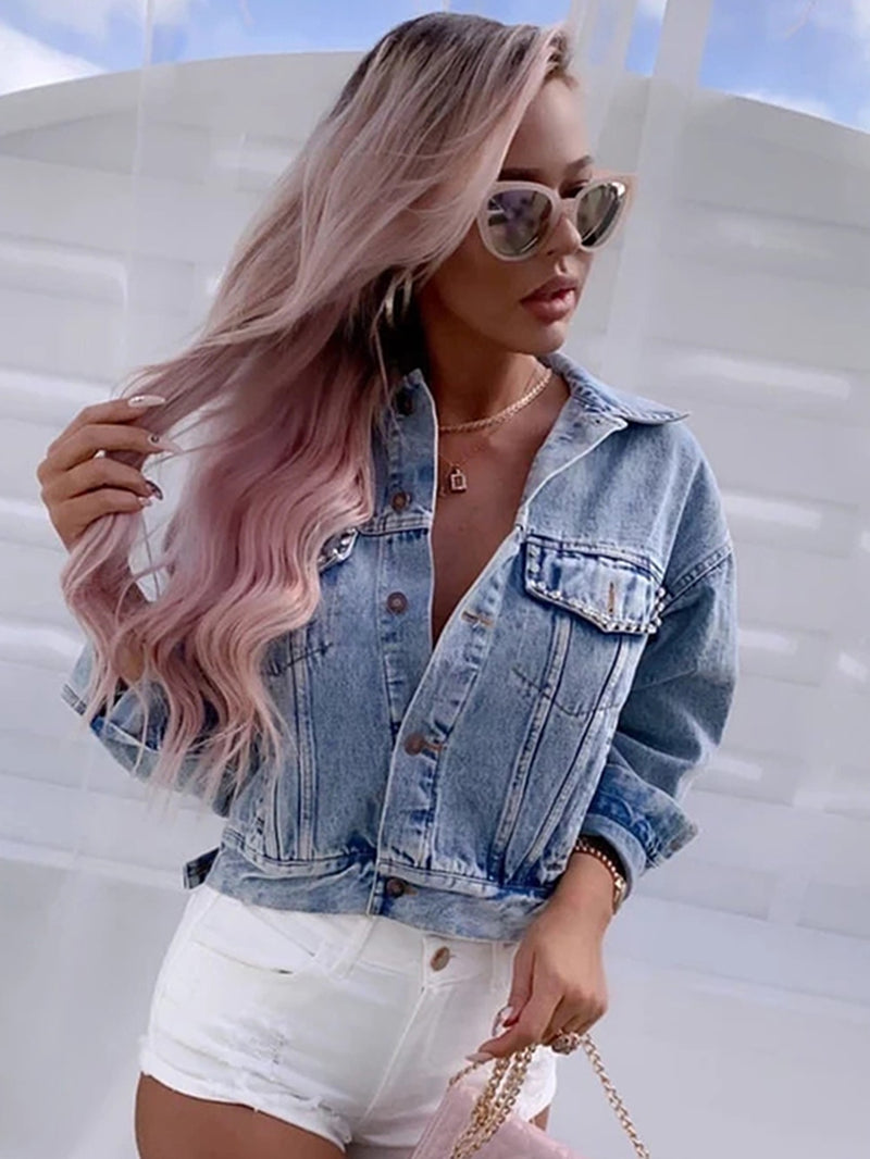 Denim Jacket Light Blue Diamond Open Back - Sabreeonline