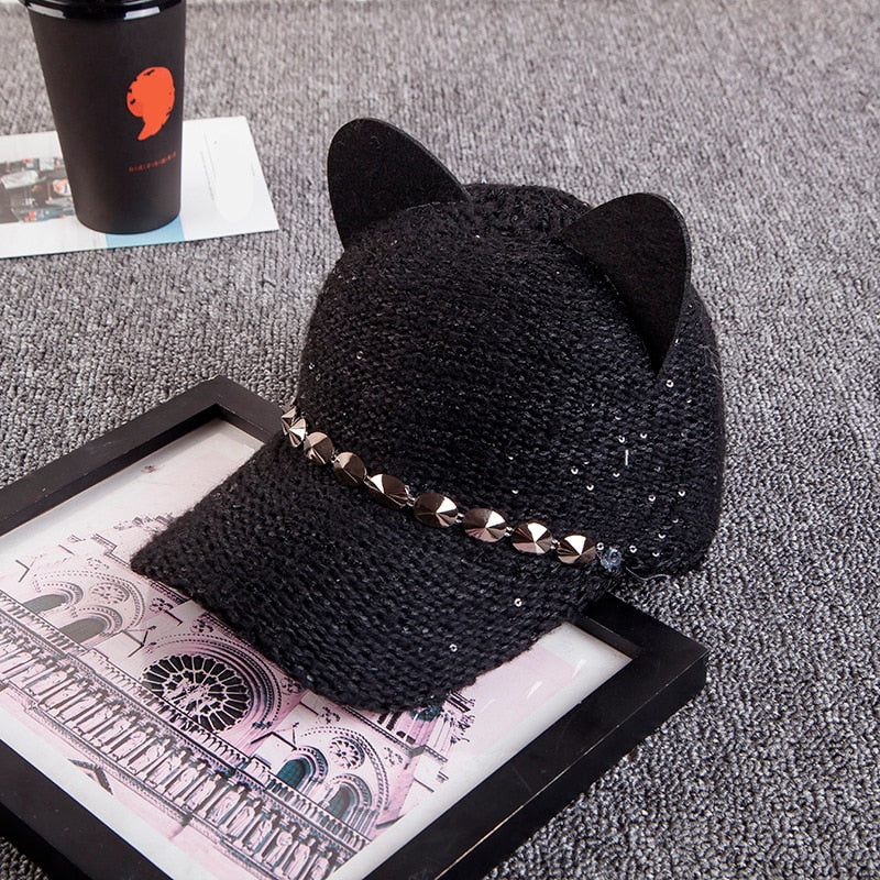 Cat Ears Baseball Cap Wool Knit - Sabreeonline