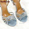 Surkova Crystal Strappy Bowtie High Heel Sandals Blue Patchwork Buckle Dress Shoes Bling Bling Rhinestone Butterfly-knot Pumps - Sabreeonline
