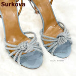 Surkova Crystal Strappy Bowtie High Heel Sandals Blue Patchwork Buckle Dress Shoes Bling Bling Rhinestone Butterfly-knot Pumps - Sabreeonline