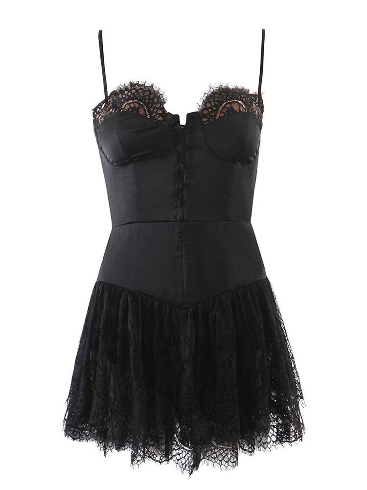 Sexy Solid Satin Stitching Lace Bra Corset Mini Dres