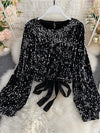 O-Neck Shirts Long-sleeved Open Back Lace-up Bow Short Tops Female - Sabreeonline
