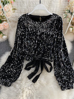 O-Neck Shirts Long-sleeved Open Back Lace-up Bow Short Tops Female - Sabreeonline