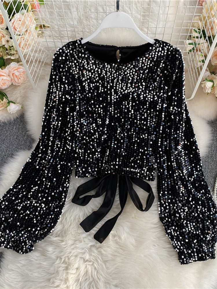 O-Neck Shirts Long-sleeved Open Back Lace-up Bow Short Tops Female - Sabreeonline