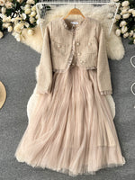 Short Cardigan and Mesh Long Skirts Winter Two Pieces Suits - Sabreeonline