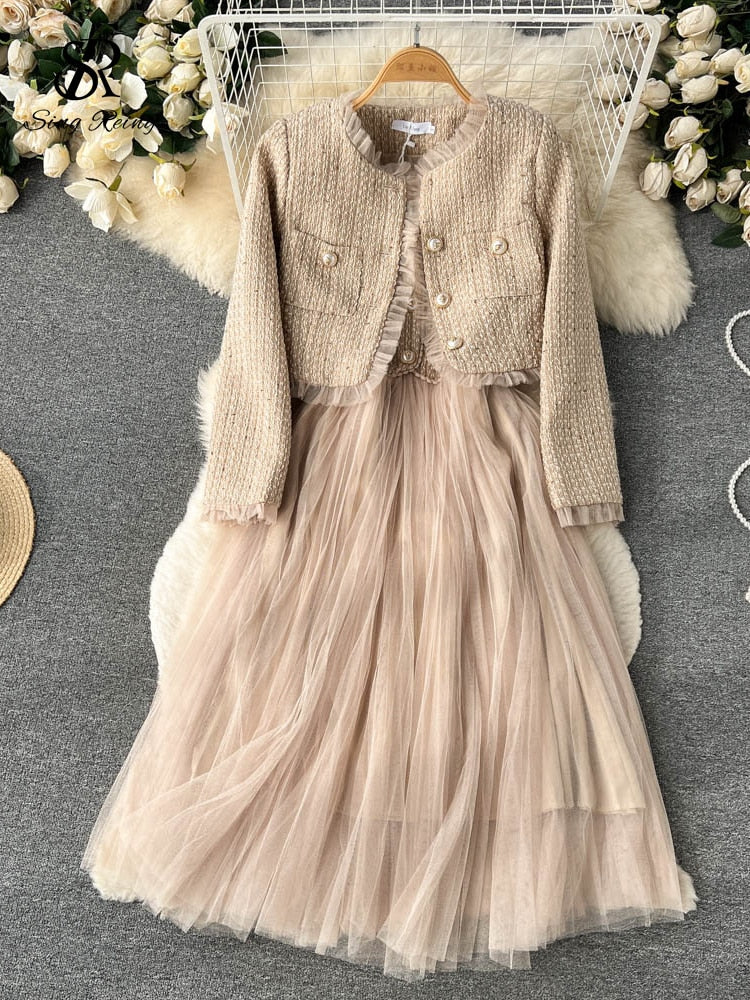 Short Cardigan and Mesh Long Skirts Winter Two Pieces Suits - Sabreeonline