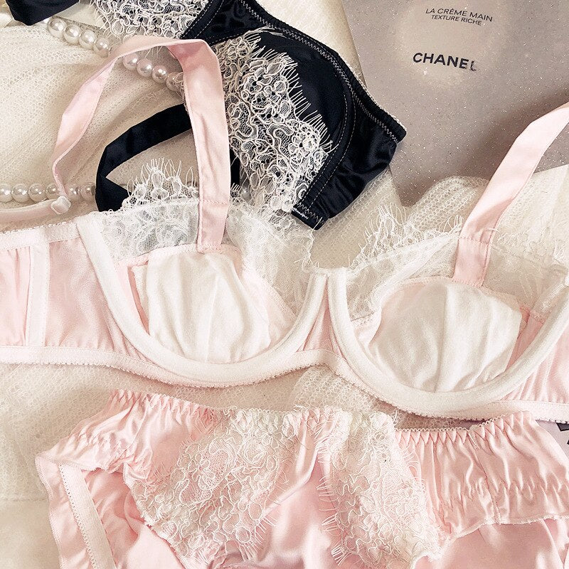 Lace edge sexy pure desire girl bra set soft steel ring gathered anti-sagging thin section small underwear lingerie suit - Sabreeonline