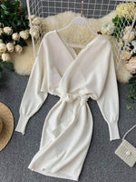 Sweater Dress Batwing Sleeve V Neck Elegant Dress Ladies Bandage Dress - Sabreeonline