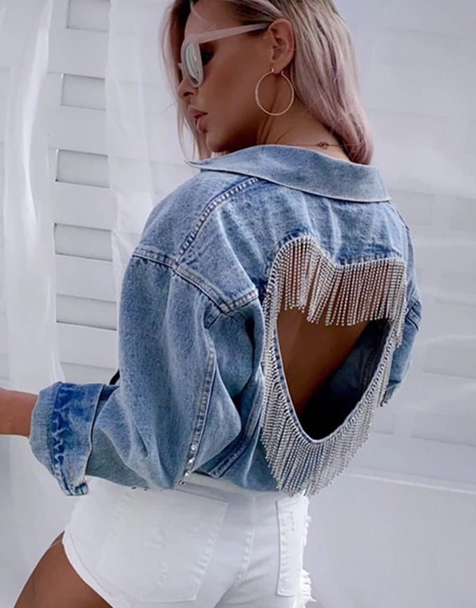 Denim Jacket Light Blue Diamond Open Back - Sabreeonline