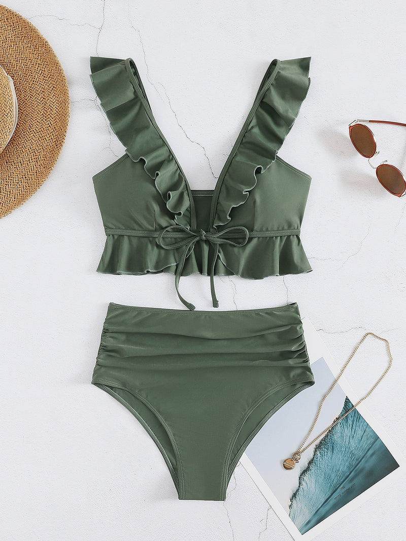 Ruffle Strape Bikinis 2023 Women High Waist Swimsuit Solid V-neck Swimwear Female Bathers Bathing Swimming Suit Summer Beachwear
