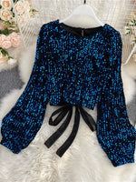 O-Neck Shirts Long-sleeved Open Back Lace-up Bow Short Tops Female - Sabreeonline