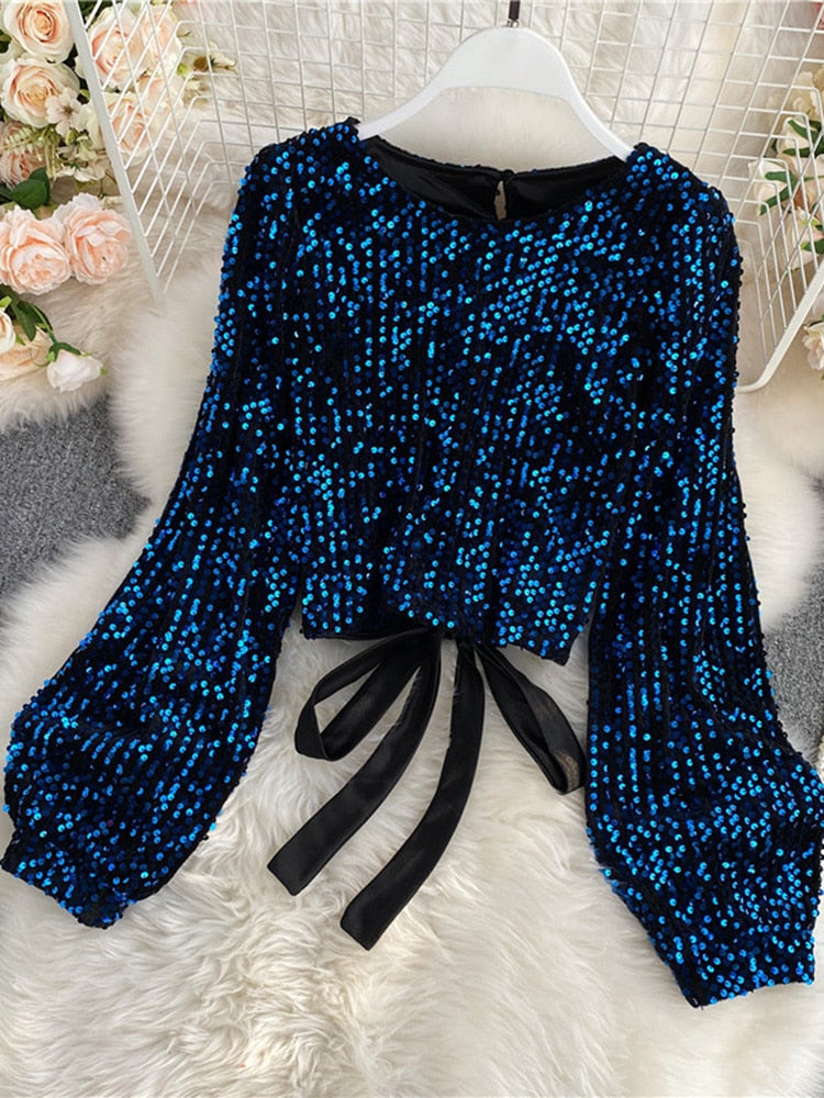 O-Neck Shirts Long-sleeved Open Back Lace-up Bow Short Tops Female - Sabreeonline