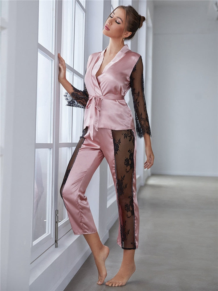 Gorgeous Sleeve Top with Pant Contrast Lace Lounge Wear - Sabreeonline