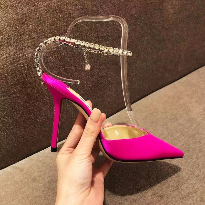 High Heels 2022 New Summer Rhinestone Chain Pointed Black Sexy Thin Heel Baotou Sandals