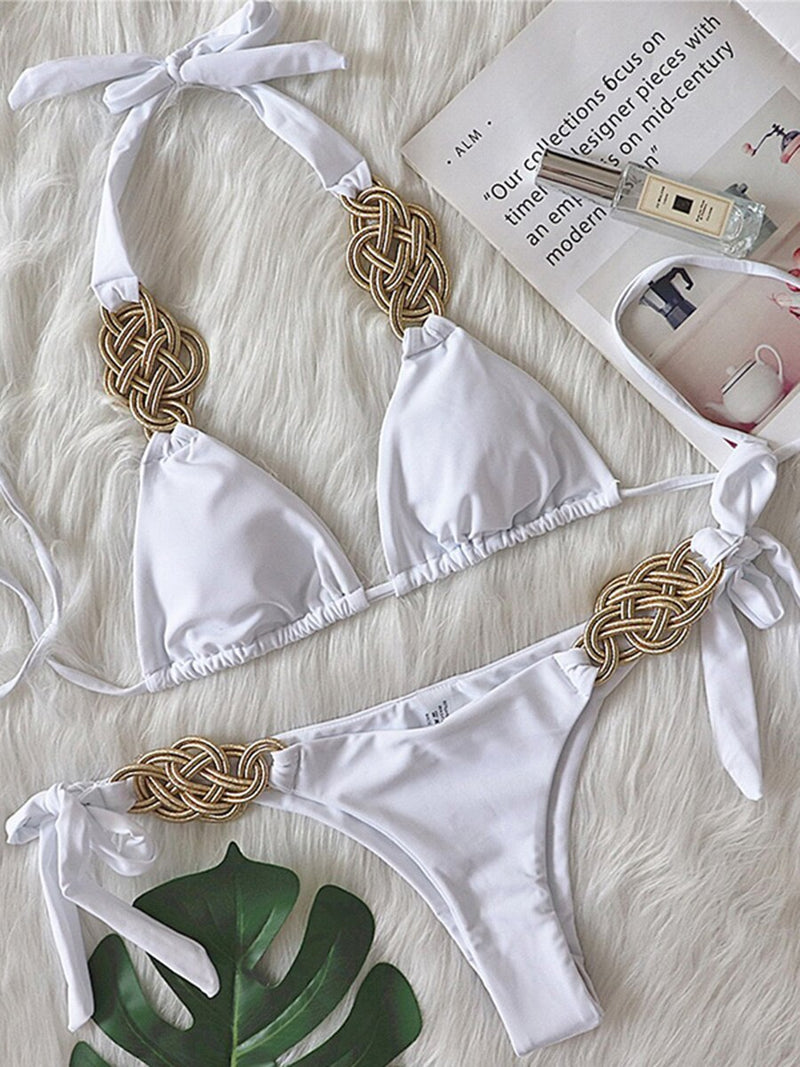 New Patchwork Halter Knitted Bikini Women Swimwear Female Swimsuit Two-pieces Bikini set Brazilian Bather Bathing Suit Swim Lady