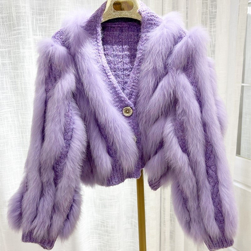 Thick Loose Fox Fur Strip Fashion Sweater Coat - Sabreeonline
