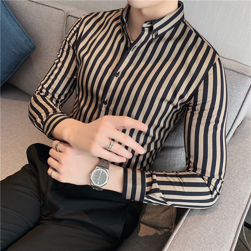 Vertical Stripe Slim Men Casual Long Sleeve Tuxedo Shirt - Sabreeonline
