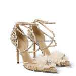 Fur with Rhinestone Flower Decor High Heel Pointed Toe Dress Shoes Women Crystal Cross Belt Party Pumps Stiletto Heels - Sabreeonline