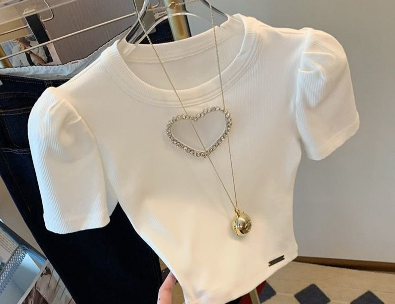 Summer Simple O-Neck Elegant Solid Bubble Sleeve Short T-Shirts