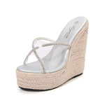 Women&#39;s Sexy Slippers Fashion High Heels 15CM Slippers Slope Heels Rhinestones wedges plus size