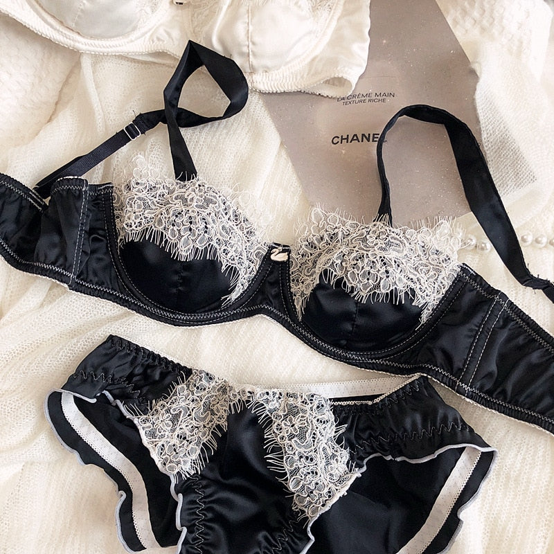 Lace edge sexy pure desire girl bra set soft steel ring gathered anti-sagging thin section small underwear lingerie suit - Sabreeonline