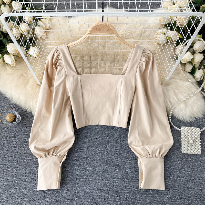 T686 Ins Short Tops Women 2021 Spring Autumn New Fashion Party Square Collar Slim Long Sleeve Shirt Solid Color Blouse - Sabreeonline