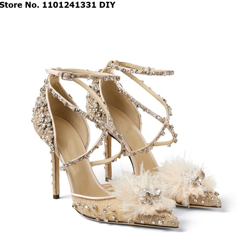 Fur with Rhinestone Flower Decor High Heel Pointed Toe Dress Shoes Women Crystal Cross Belt Party Pumps Stiletto Heels - Sabreeonline