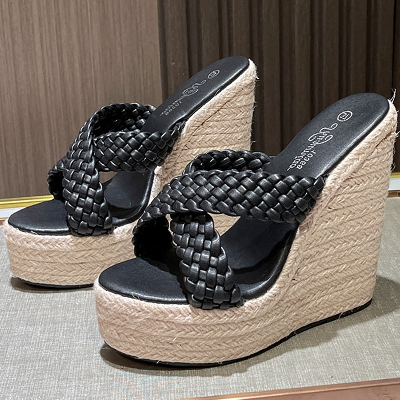 Women&#39;s Large 34-43 Wedge Heel Slippers Design Fashion Daily 15CM Textile Slippers