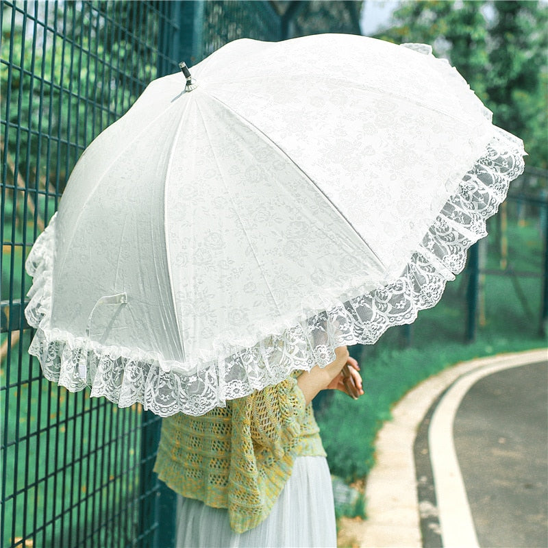 White Lace Umbrella Women Flower Long Handle Umbrella Wedding Retro Sunshade Girls Umbrellas Decoration Guarda Chuva Gift SY329 - Sabreeonline