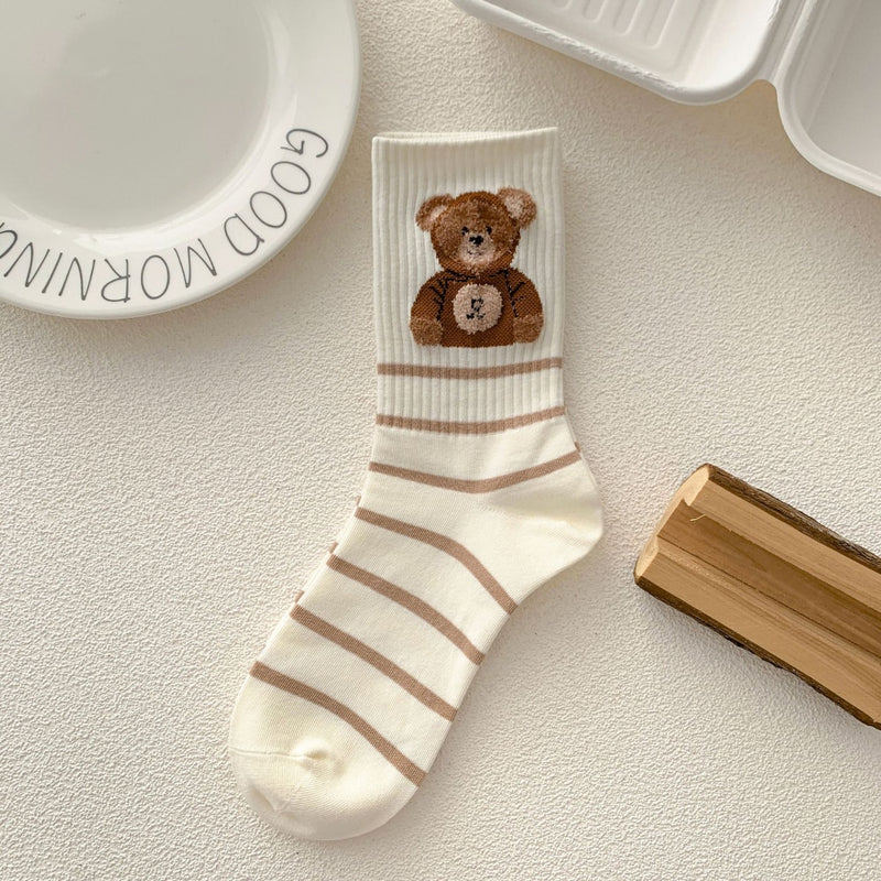 Japan Harajuku Style Cartoon Creative Striped Bear Socks Kawaii Print Funny Girl Socks Fashion Skateboard Woman Socks - Sabreeonline