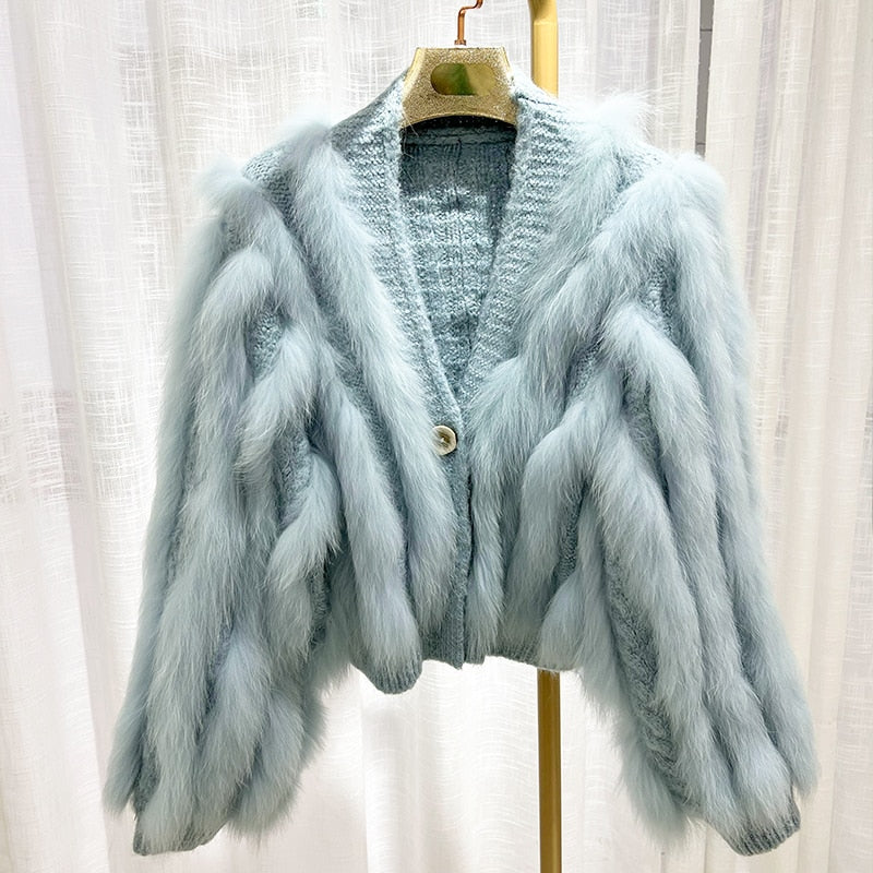 Thick Loose Fox Fur Strip Fashion Sweater Coat - Sabreeonline