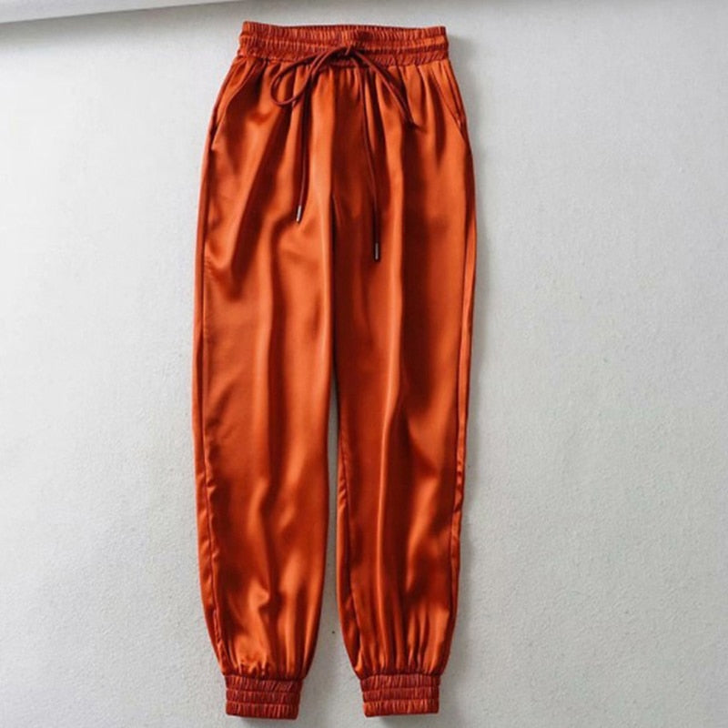 New High Waist Satin Pants Women Bsolid Color Black Joggers Women Trousers Casual Pants Cargo Sweatpants Korean Red Fall - Sabreeonline