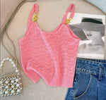 Pink Sexy Slim Knit Vests Crop Tops Women 2023 Summer Sleeveless Gold Buckles Stylish Fashion Chic Knitwear Sweaters Vests